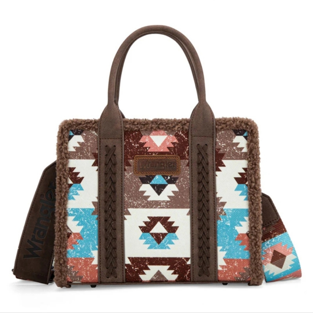 Wrangler Aztec Sherpa Trim Crossbody Purse, Coffee